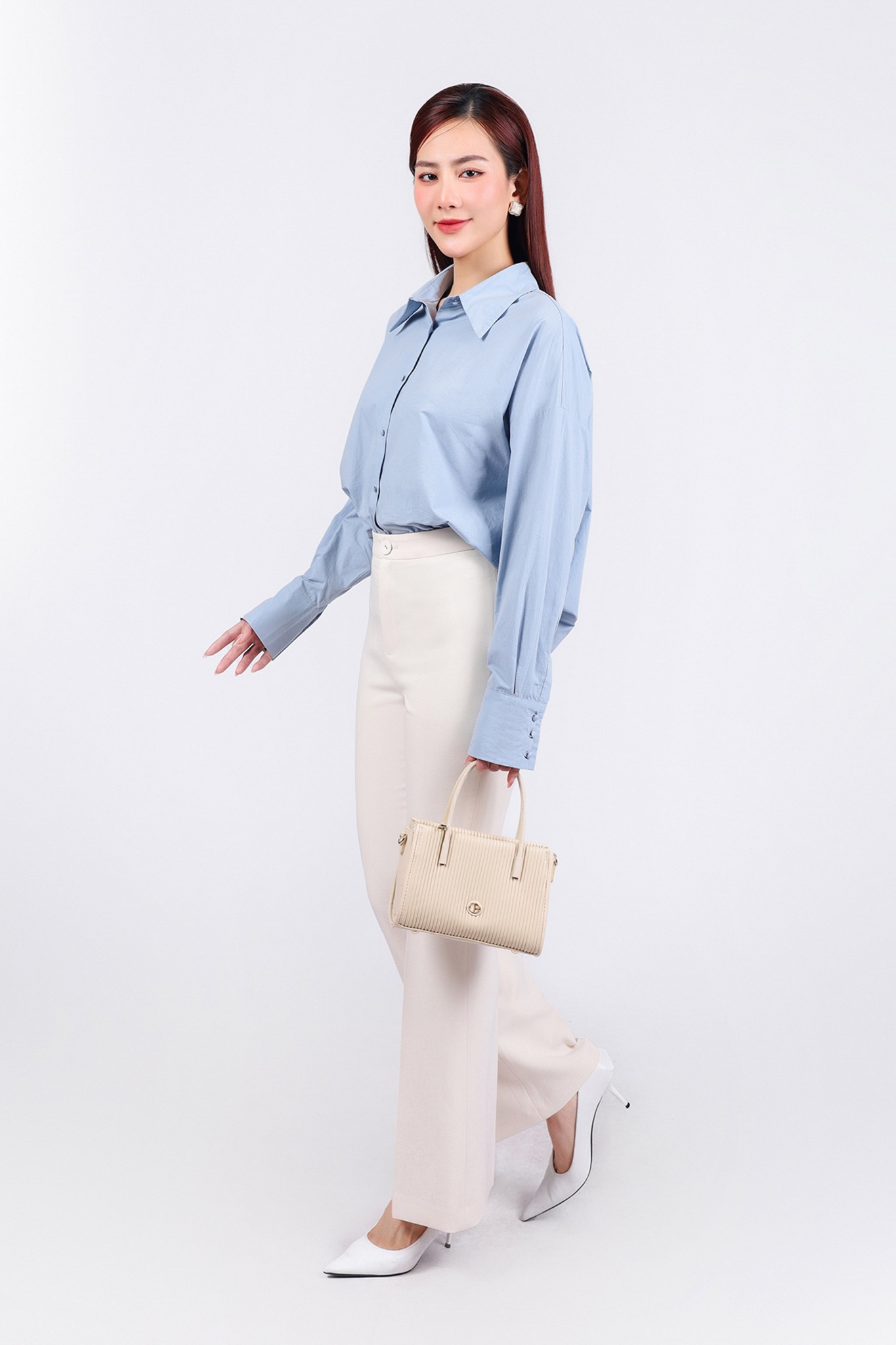 FAS53790 - Áo sơ mi công sở vải thô kate dáng suông cổ đức tay dài phối măng séc thân áo phối khuy bọc tạo kiểu - PANTIO