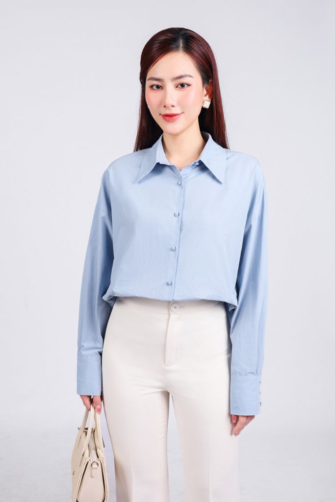 FAS53790 - Áo sơ mi công sở vải thô kate dáng suông cổ đức tay dài phối măng séc thân áo phối khuy bọc tạo kiểu - PANTIO