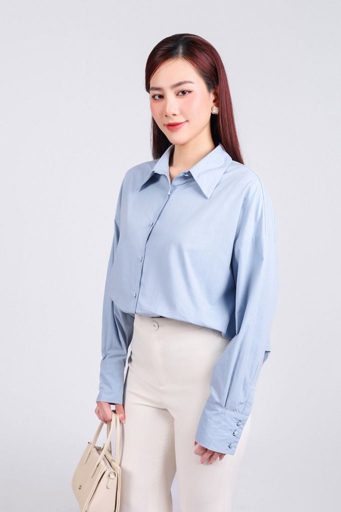 FAS53790 - Áo sơ mi công sở vải thô kate dáng suông cổ đức tay dài phối măng séc thân áo phối khuy bọc tạo kiểu - PANTIO