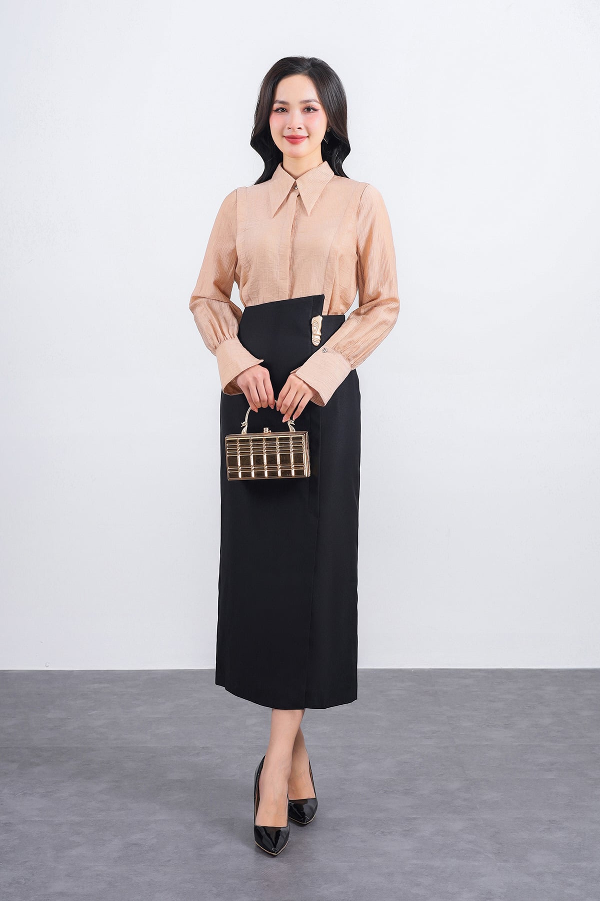 FAS53800 - Áo sơ mi công sở vải thô dáng suông cổ đức tay măng sec thân áo phối viền thời trang - PANTIO