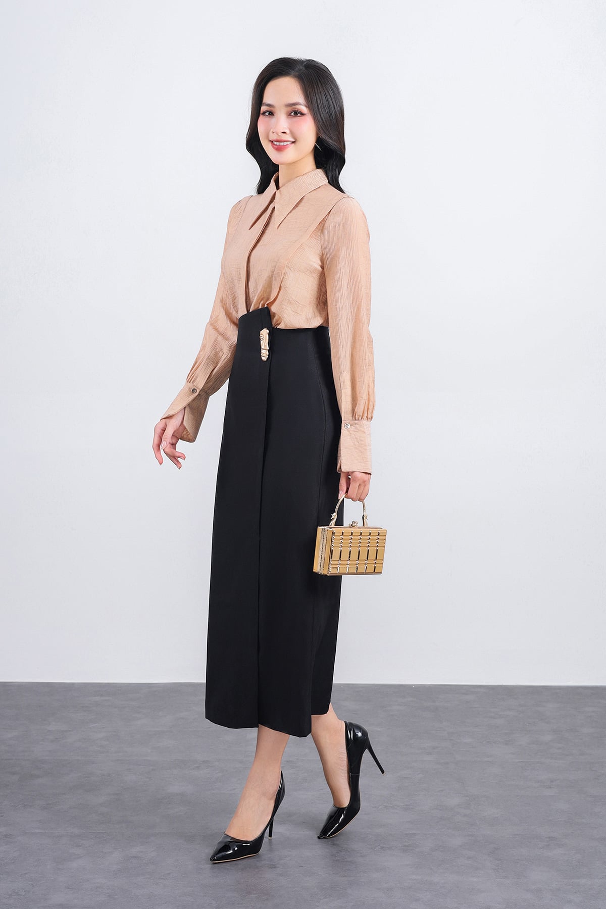 FAS53800 - Áo sơ mi công sở vải thô dáng suông cổ đức tay măng sec thân áo phối viền thời trang - PANTIO