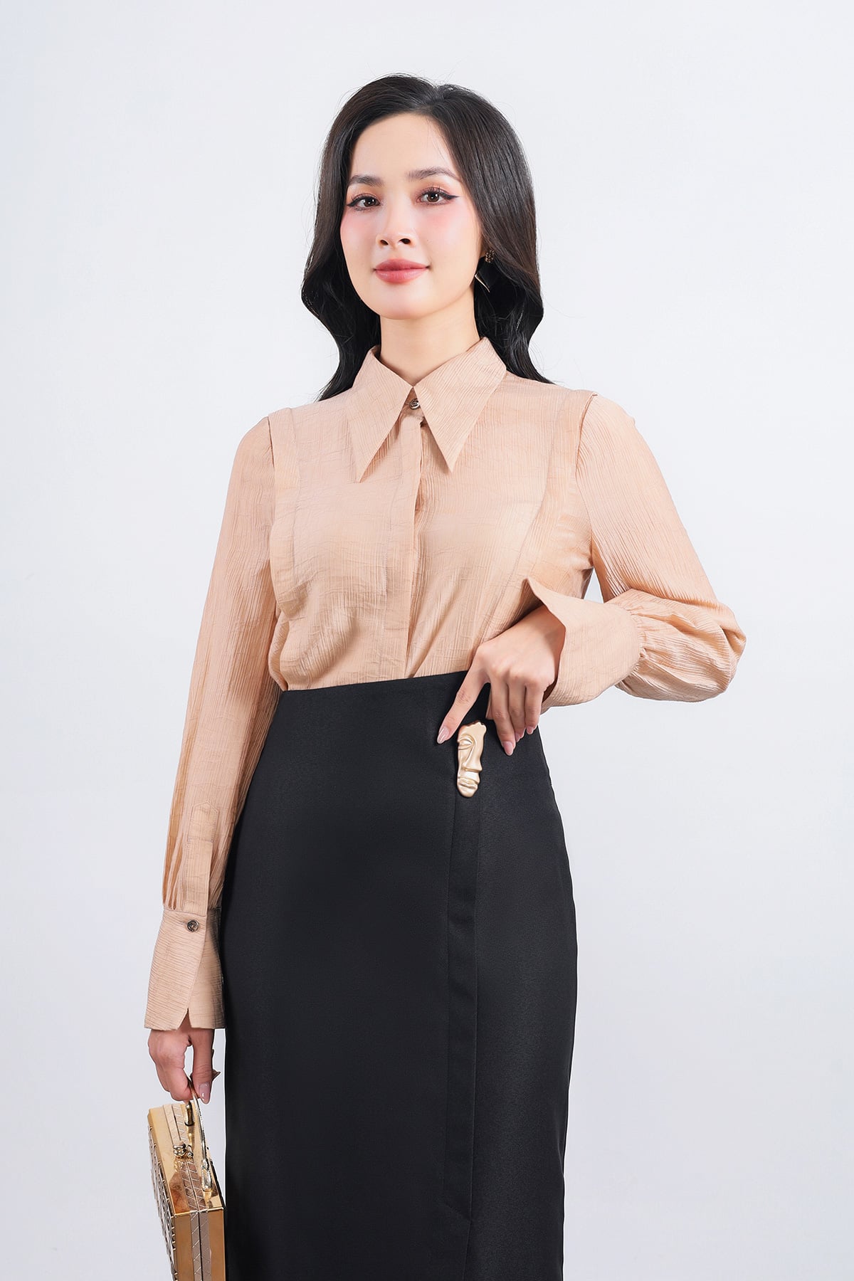 FAS53800 - Áo sơ mi công sở vải thô dáng suông cổ đức tay măng sec thân áo phối viền thời trang - PANTIO