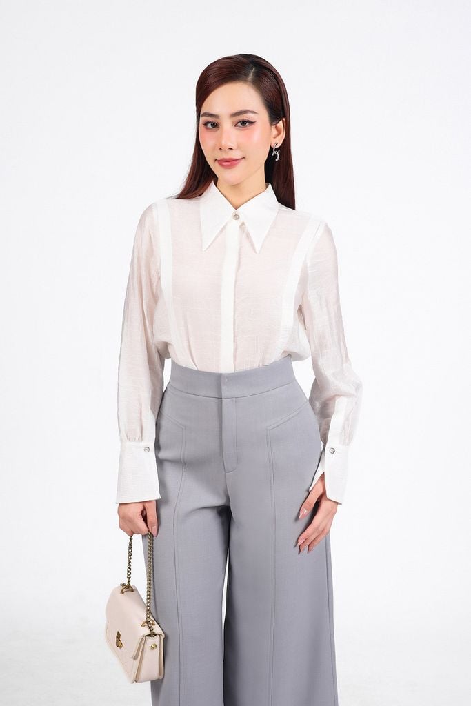 FAS53800 - Áo sơ mi công sở vải thô dáng suông cổ đức tay măng sec thân áo phối viền thời trang - PANTIO