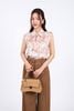 FAS53803 - Áo sơ mi công sở vải lụa in hoa dáng suông cổ đức phối dây thắt nơ tay vai chờm - PANTIO