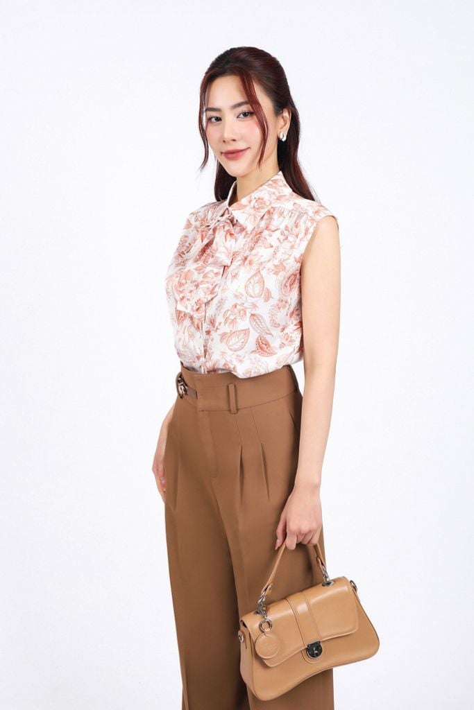FAS53803 - Áo sơ mi công sở vải lụa in hoa dáng suông cổ đức phối dây thắt nơ tay vai chờm - PANTIO