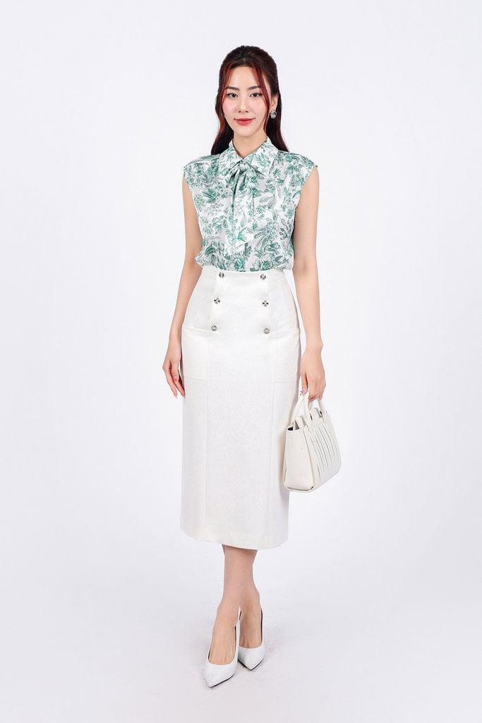 FAS53803 - Áo sơ mi công sở vải lụa in hoa dáng suông cổ đức phối dây thắt nơ tay vai chờm - PANTIO