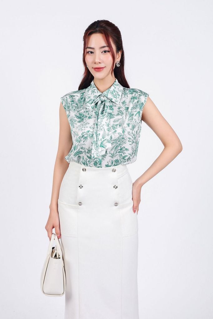 FAS53803 - Áo sơ mi công sở vải lụa in hoa dáng suông cổ đức phối dây thắt nơ tay vai chờm - PANTIO