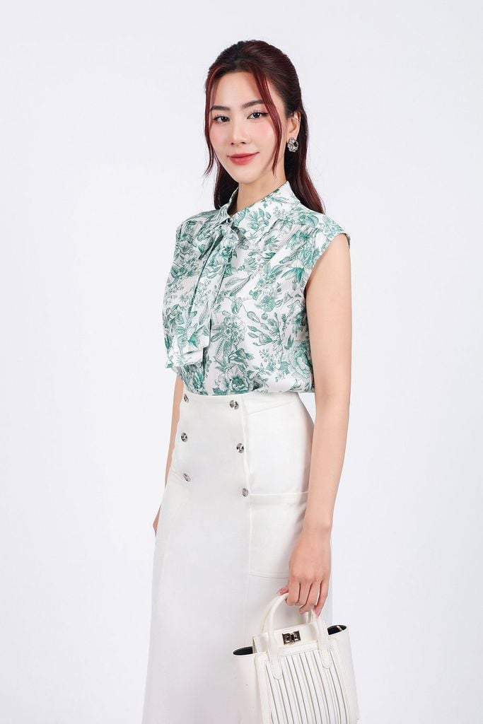 FAS53803 - Áo sơ mi công sở vải lụa in hoa dáng suông cổ đức phối dây thắt nơ tay vai chờm - PANTIO
