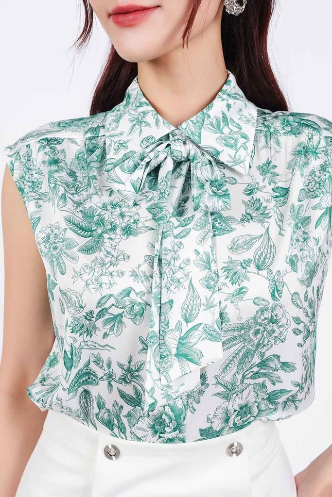FAS53803 - Áo sơ mi công sở vải lụa in hoa dáng suông cổ đức phối dây thắt nơ tay vai chờm - PANTIO