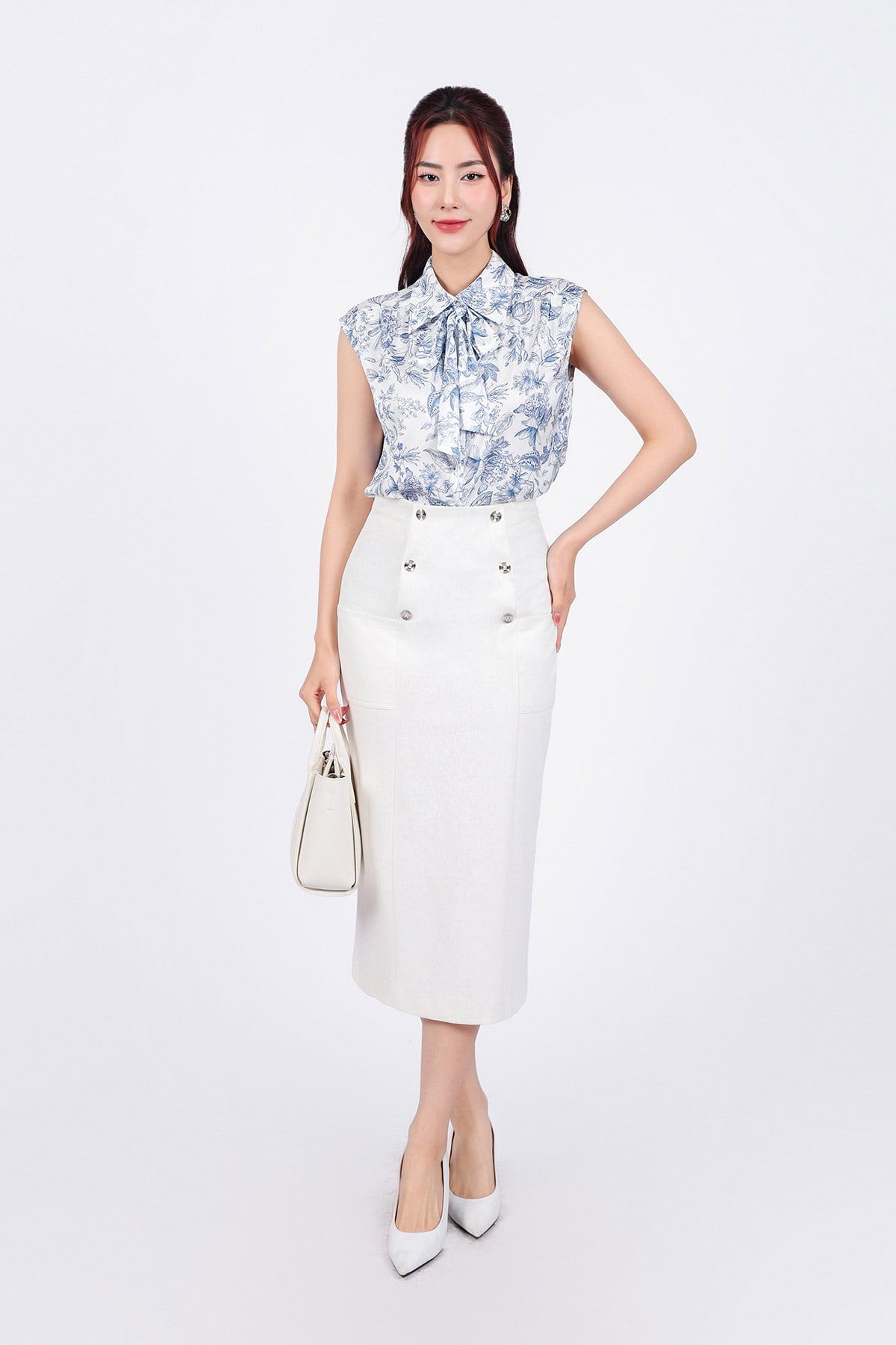 FAS53803 - Áo sơ mi công sở vải lụa in hoa dáng suông cổ đức phối dây thắt nơ tay vai chờm - PANTIO