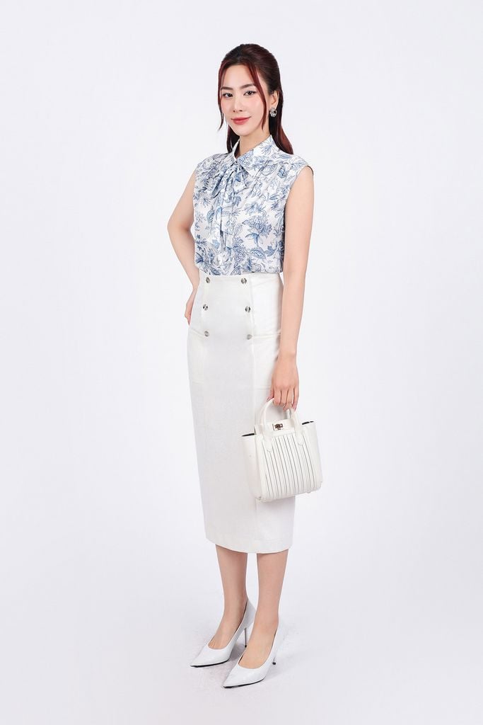 FAS53803 - Áo sơ mi công sở vải lụa in hoa dáng suông cổ đức phối dây thắt nơ tay vai chờm - PANTIO
