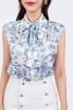 FAS53803 - Áo sơ mi công sở vải lụa in hoa dáng suông cổ đức phối dây thắt nơ tay vai chờm - PANTIO