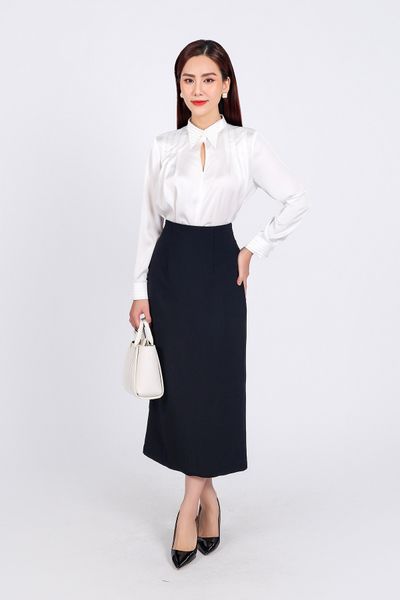 FAS53808 - Áo sơ mi công sở vải lụa bóng dáng suông cổ đức đính ngọc cao cấp thân áo phối ly bong tạo kiểu - PANTIO