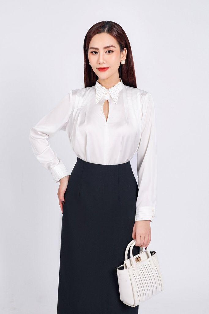 FAS53808 - Áo sơ mi công sở vải lụa bóng dáng suông cổ đức đính ngọc cao cấp thân áo phối ly bong tạo kiểu - PANTIO