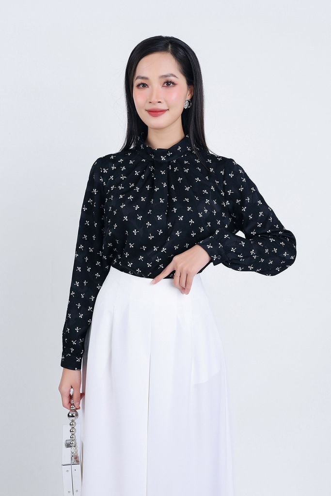 FAS53810 - Áo sơ mi công sở vải lụa cát dáng suông cổ kiểu vặn nhúm tay dài - PANTIO