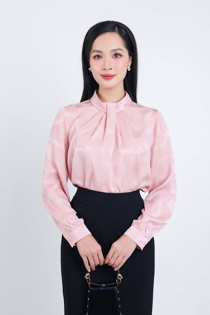 FAS53810 - Áo sơ mi công sở vải lụa cát dáng suông cổ kiểu vặn nhúm tay dài - PANTIO