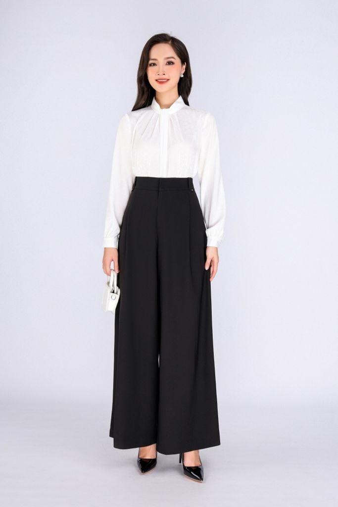 FQD51098 - Quần công sở vải thô dáng suông ống rộng cạp phối đỉa tạo kiểu thân sau có nắp túi trang trí - PANTIO