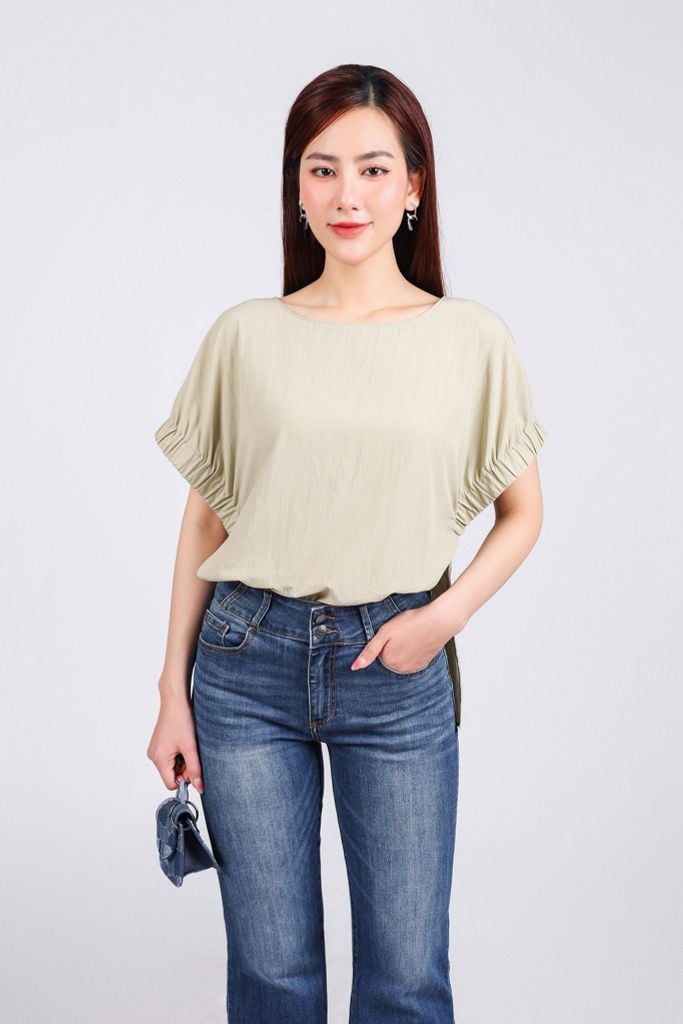FAS53819 - Áo sơ mi công sở vải tuyp xy mỏng dáng suông cổ tròn tay cánh dơi phối chun thân áo xẻ tà tạo kiểu - PANTIO