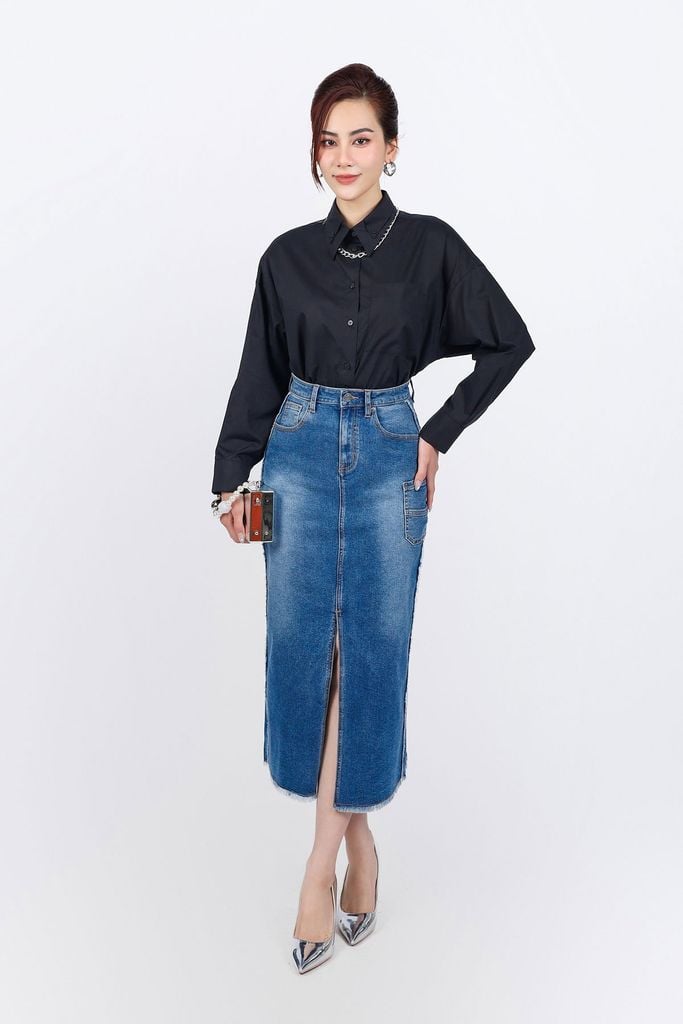 FJB021 - Chân váy bò cao cấp dáng dài xẻ tà trước thời trang- PANTIO