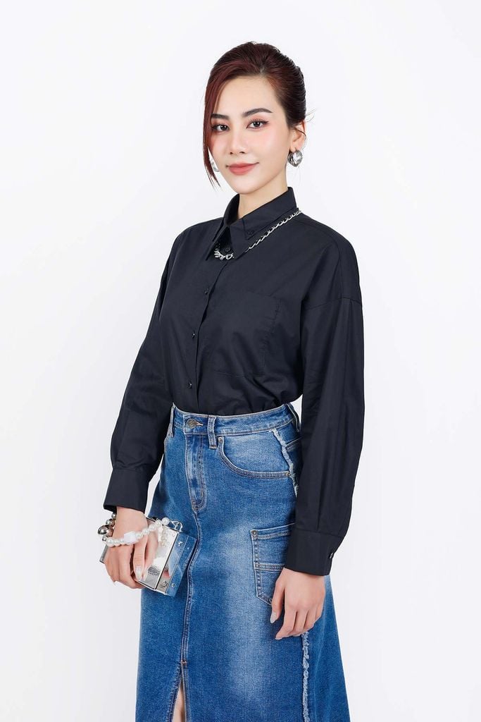 FAS53830 - Áo sơ mi công sở vải thô dáng suông cổ đức tay dài cài khuy trước - PANTIO