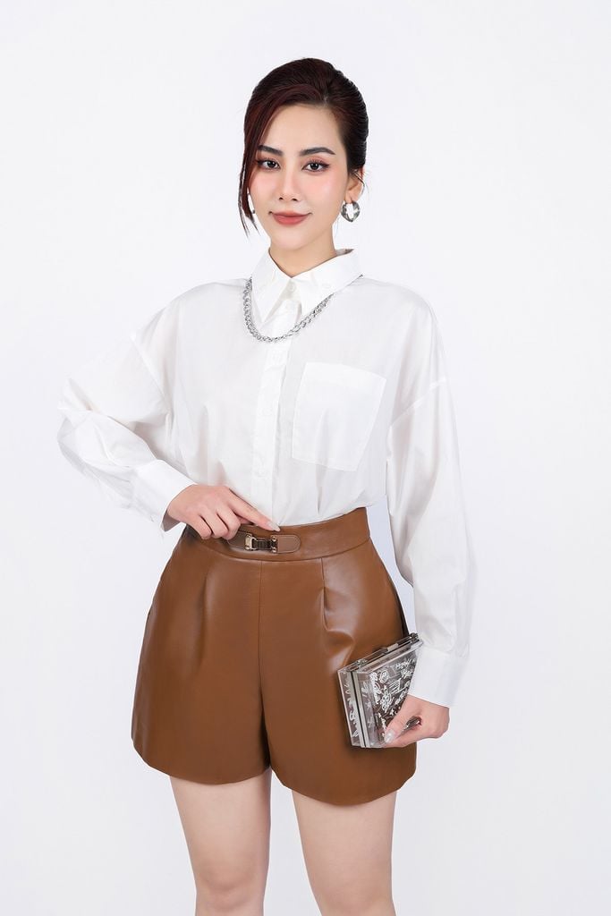 FAS53830 - Áo sơ mi công sở vải thô dáng suông cổ đức tay dài cài khuy trước - PANTIO