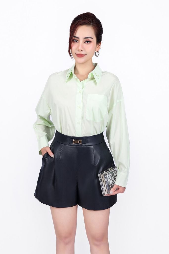 FAS53830 - Áo sơ mi công sở vải thô dáng suông cổ đức tay dài cài khuy trước - PANTIO