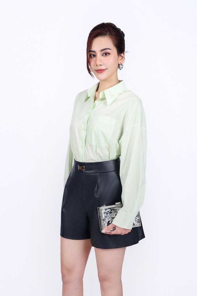 FAS53830 - Áo sơ mi công sở vải thô dáng suông cổ đức tay dài cài khuy trước - PANTIO