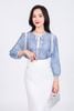 FAS53832 - Áo sơ mi công sở vải tơ hoa dáng suông cổ tròn đính dây nơ tạo kiểu thân áo phối viền ren trang trí - PANTIO