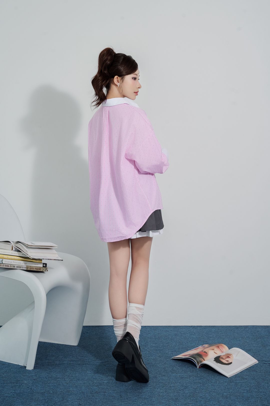 FJN5701 - Chân váy xếp ly nữ vải thô dáng xòe cạp trễ, phối vải thô trắng hiệu ứng 2 tầng, khóa giọt lệ thân sau - JAN.