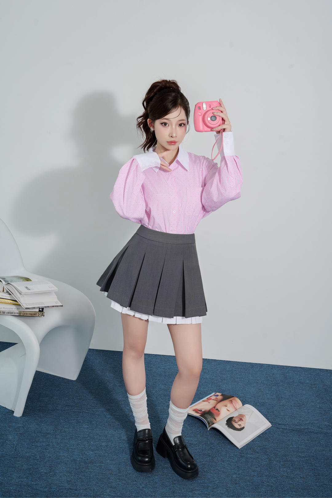 FAS53841 - Áo sơ mi dạo phố nữ vải thô mỏng dáng suông cổ đức, nẹp cài khuy, tay dài, ly súp thân sau, phối vải cổ và măng séc, măng séc bản to - JAN.