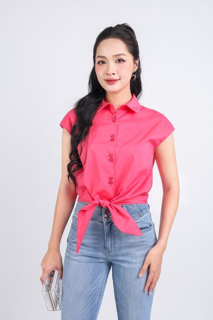 FAS53850 - Áo sơ mi cộng sở vải thô dáng croptop cổ đức tay chờm buộc eo cài khuy thân trước - PANTIO