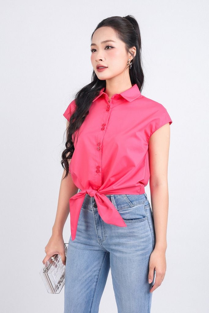FAS53850 - Áo sơ mi cộng sở vải thô dáng croptop cổ đức tay chờm buộc eo cài khuy thân trước - PANTIO