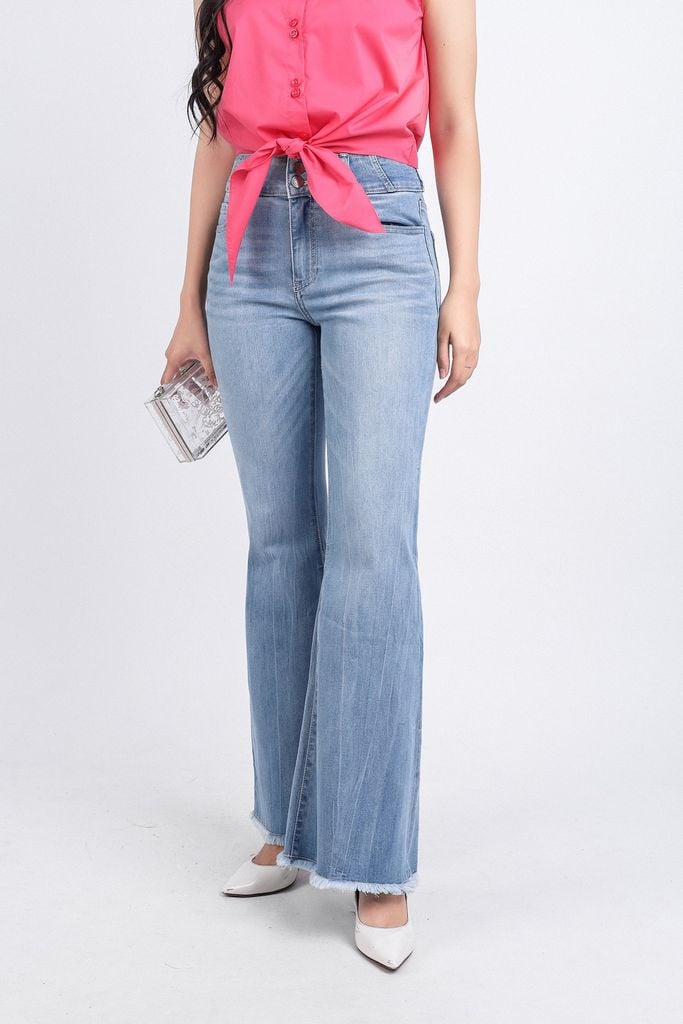 FQB168 - Quần jean cao cấp vải denim dáng loe ống vẩy gấu rút tua rua tạo kiểu - PANTIO