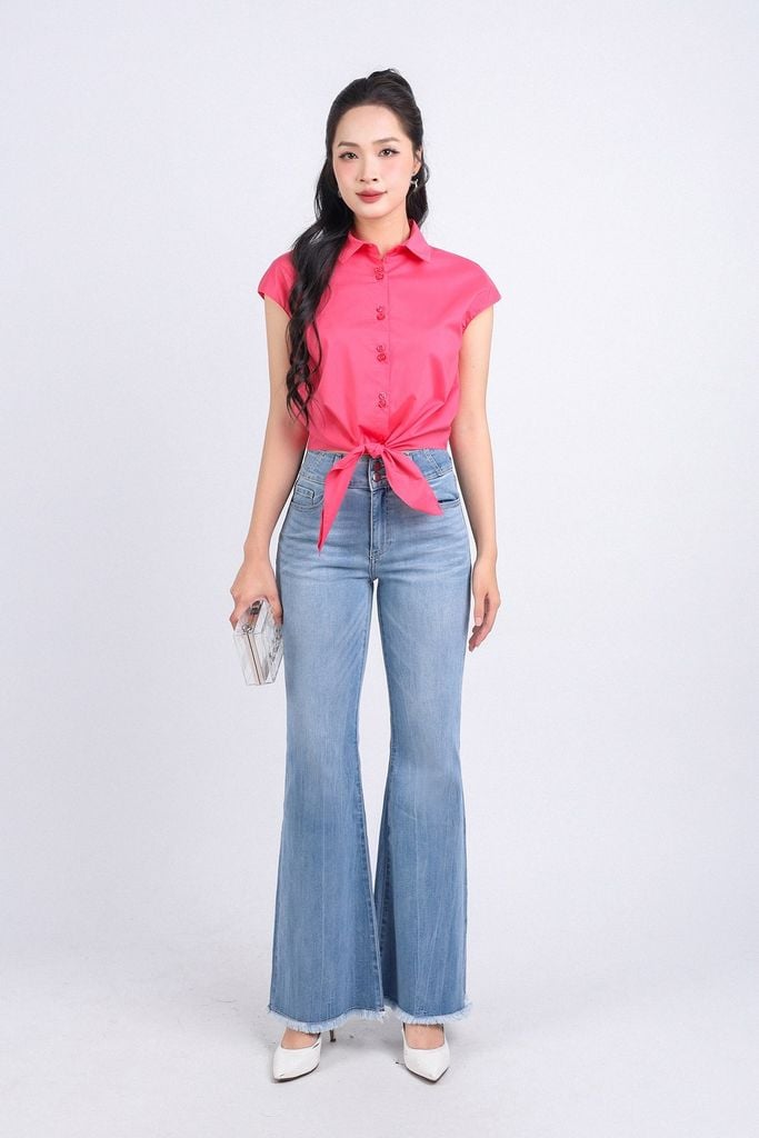 FAS53850 - Áo sơ mi cộng sở vải thô dáng croptop cổ đức tay chờm buộc eo cài khuy thân trước - PANTIO