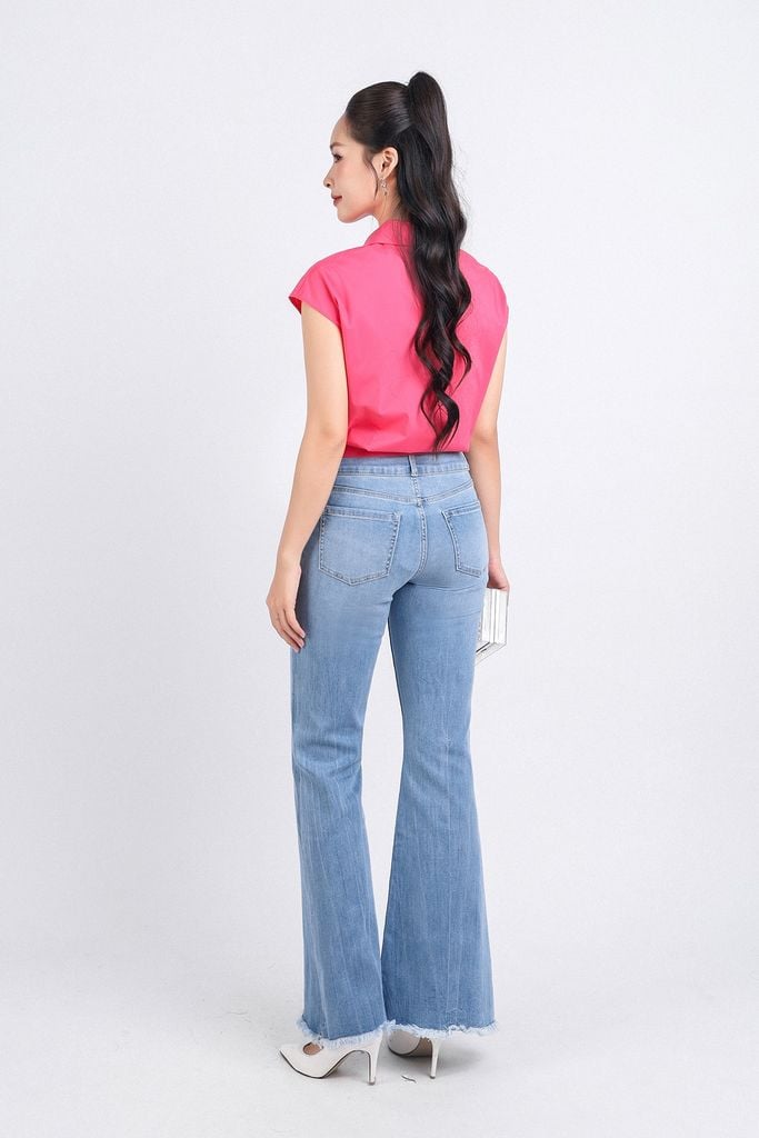 FAS53850 - Áo sơ mi cộng sở vải thô dáng croptop cổ đức tay chờm buộc eo cài khuy thân trước - PANTIO