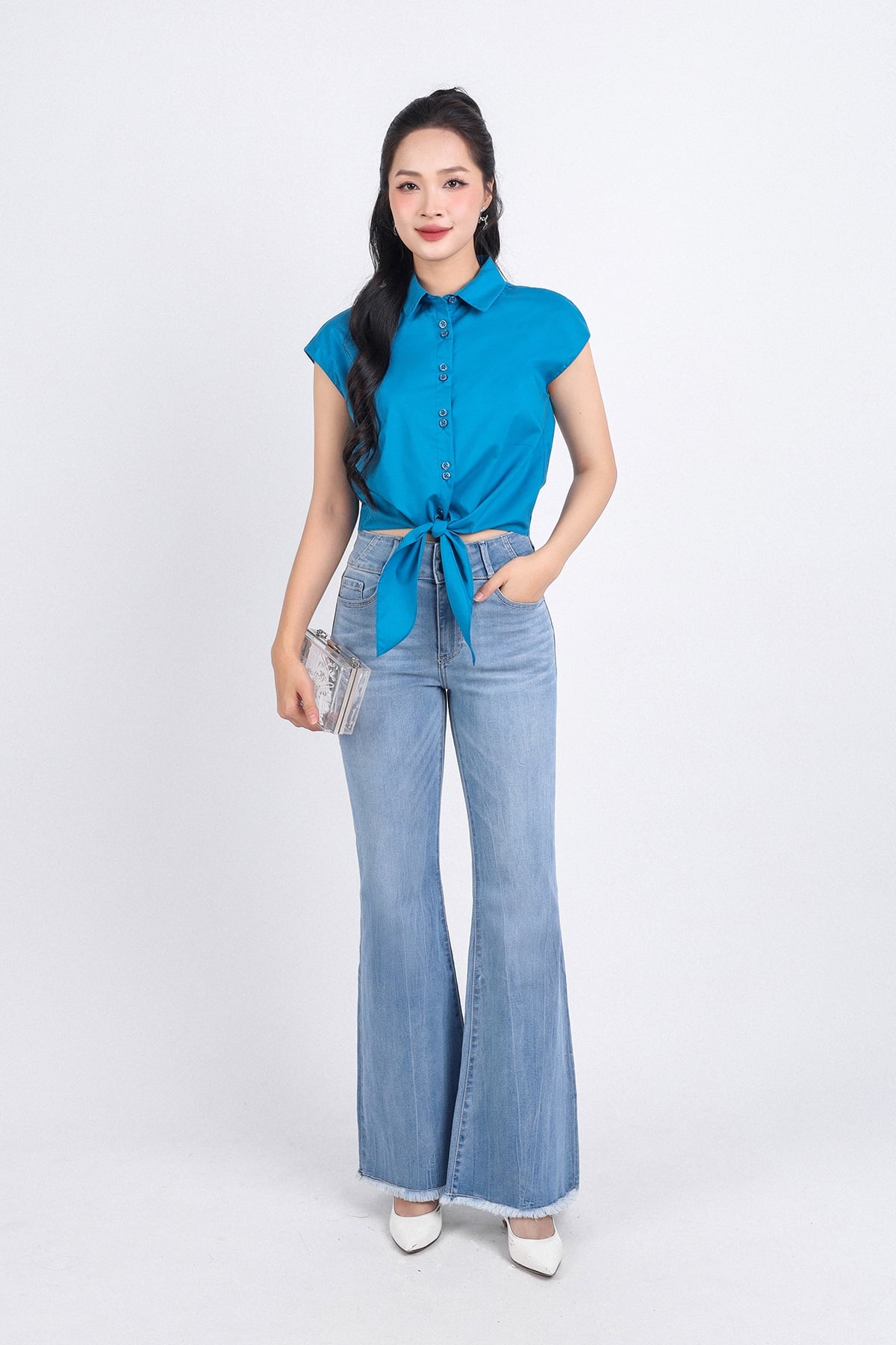 FAS53850 - Áo sơ mi cộng sở vải thô dáng croptop cổ đức tay chờm buộc eo cài khuy thân trước - PANTIO