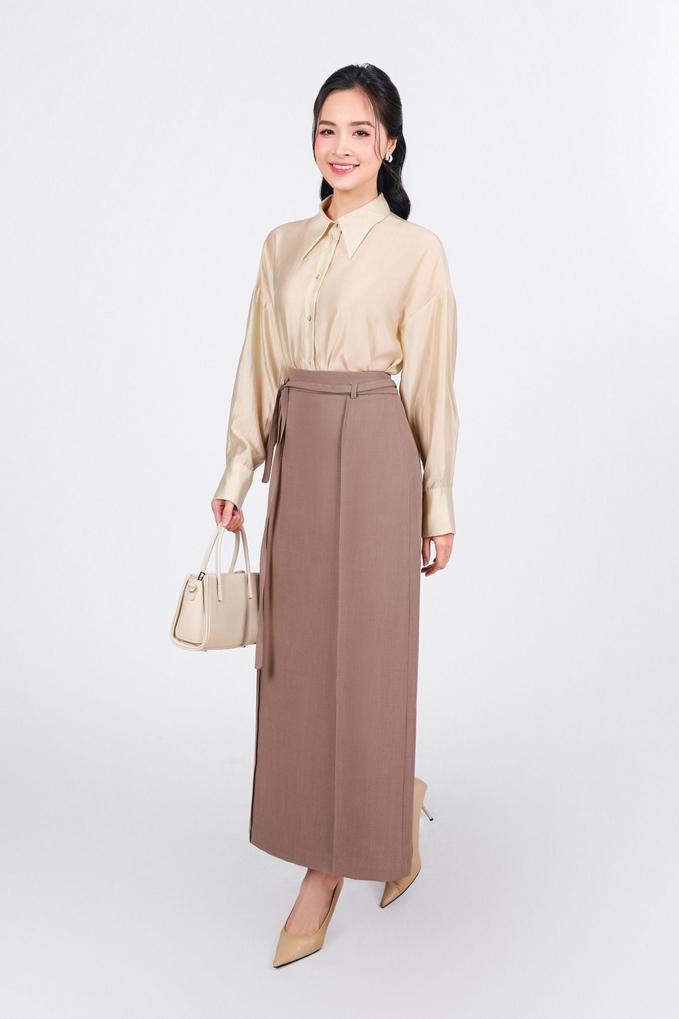 FAS53882 - Áo sơ mi công sở vải tơ dáng suông cổ đức tay măng sec thân áo phối khuy bọc - PANTIO