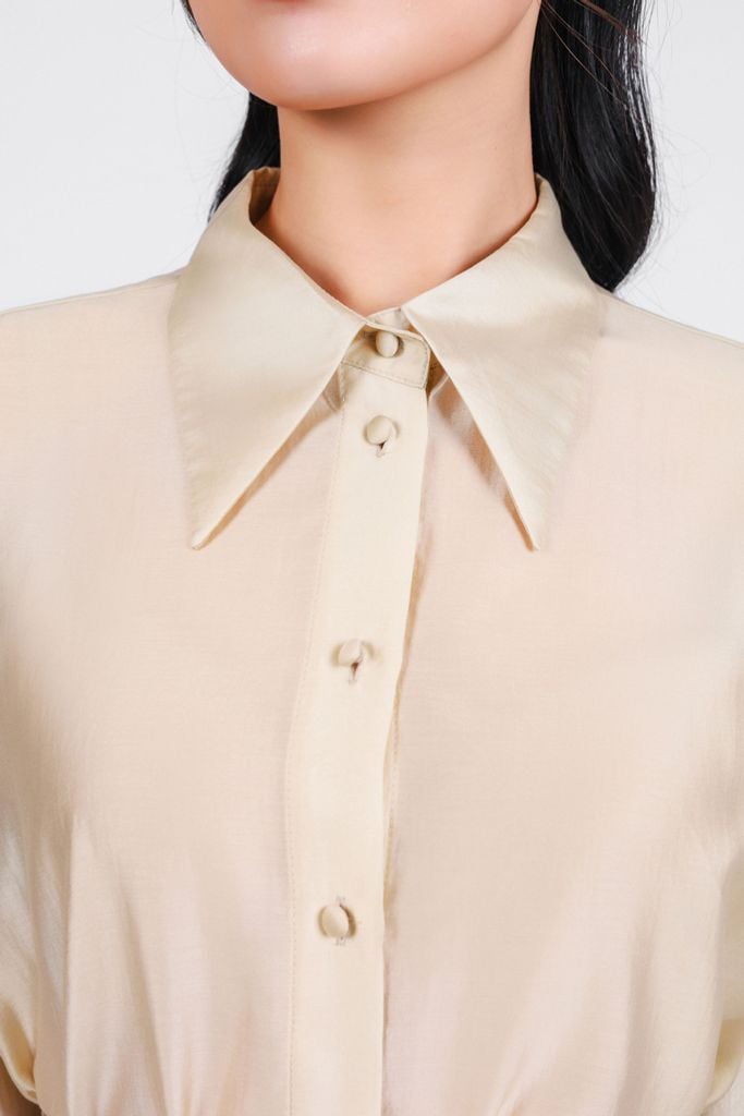 FAS53882 - Áo sơ mi công sở vải tơ dáng suông cổ đức tay măng sec thân áo phối khuy bọc - PANTIO