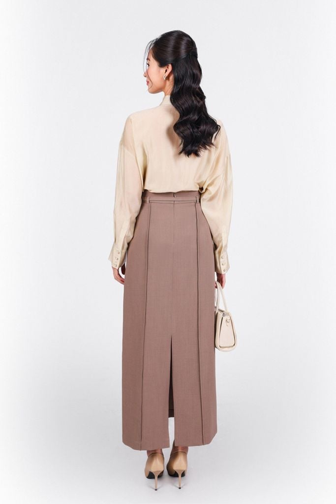 FAS53882 - Áo sơ mi công sở vải tơ dáng suông cổ đức tay măng sec thân áo phối khuy bọc - PANTIO