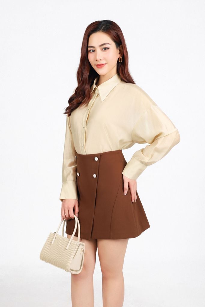 FJN1703 - Chân váy ngắn vải thô dày dáng A có lót thân váy đính khuy phối vạt lệch tạo kiểu - PANTIO