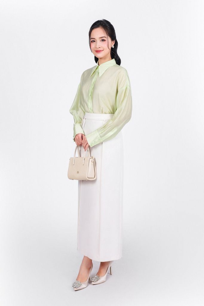 FAS53882 - Áo sơ mi công sở vải tơ dáng suông cổ đức tay măng sec thân áo phối khuy bọc - PANTIO