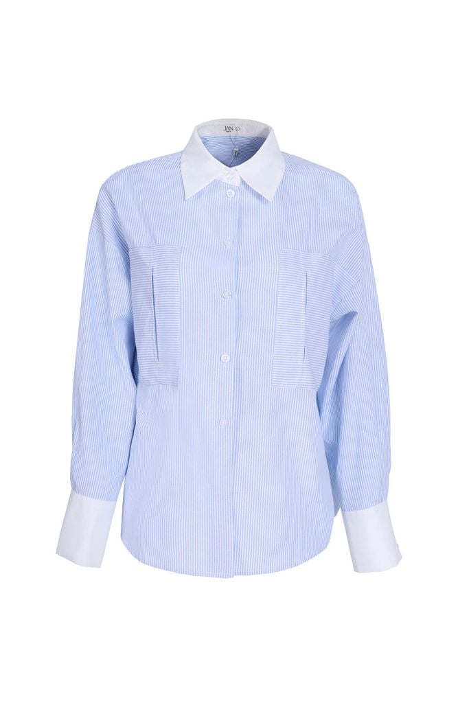 FAS53897 - Áo sơ mi dáng suông, cổ đức bằng vải phối, tay dài, măng séc bằng vải phối, túi ốp to, nẹp cài khuy - JAN.