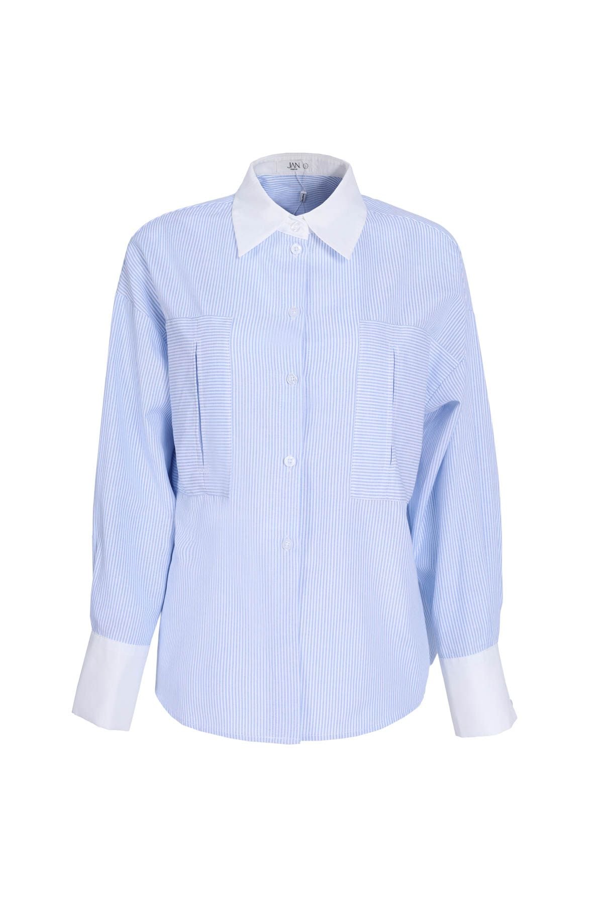 FAS53897 - Áo sơ mi dáng suông, cổ đức bằng vải phối, tay dài, măng séc bằng vải phối, túi ốp to, nẹp cài khuy - JAN.