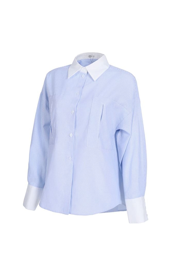 FAS53897 - Áo sơ mi dáng suông, cổ đức bằng vải phối, tay dài, măng séc bằng vải phối, túi ốp to, nẹp cài khuy - JAN.