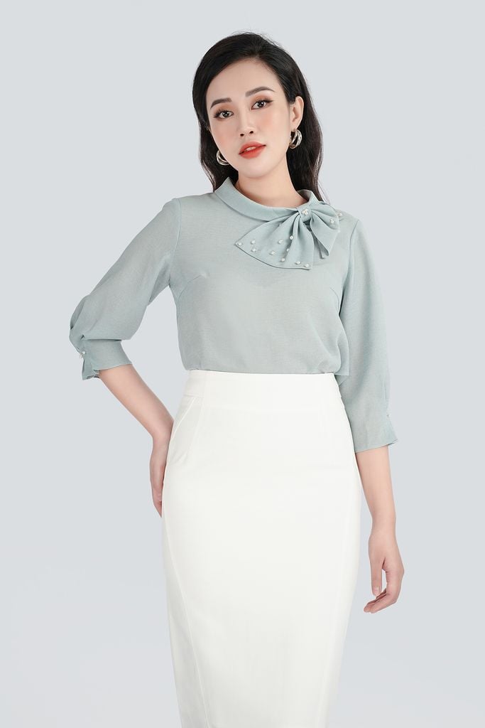 Áo sơ mi chất liệu chiffon cổ trong gắn nơ FAS73060 - PANTIO