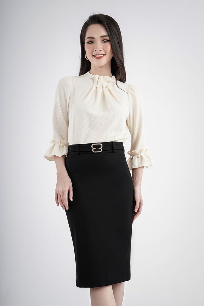 FAS73078 - Áo sơ mi chất liệu Thô, tay và cổ cuốn bèo đính ngọc trai - PANTIO