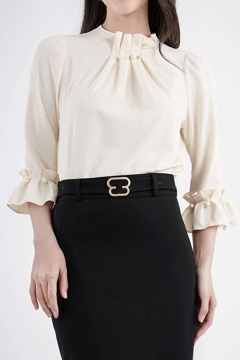 FAS73078 - Áo sơ mi chất liệu Thô, tay và cổ cuốn bèo đính ngọc trai - PANTIO