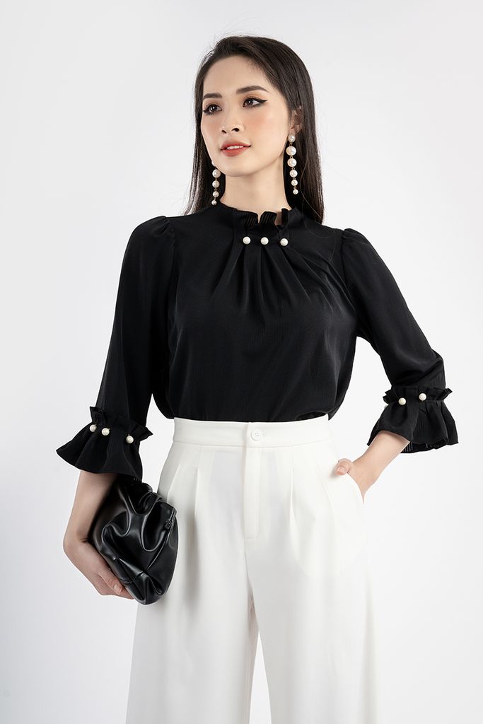 FAS73078 - Áo sơ mi chất liệu Thô, tay và cổ cuốn bèo đính ngọc trai - PANTIO