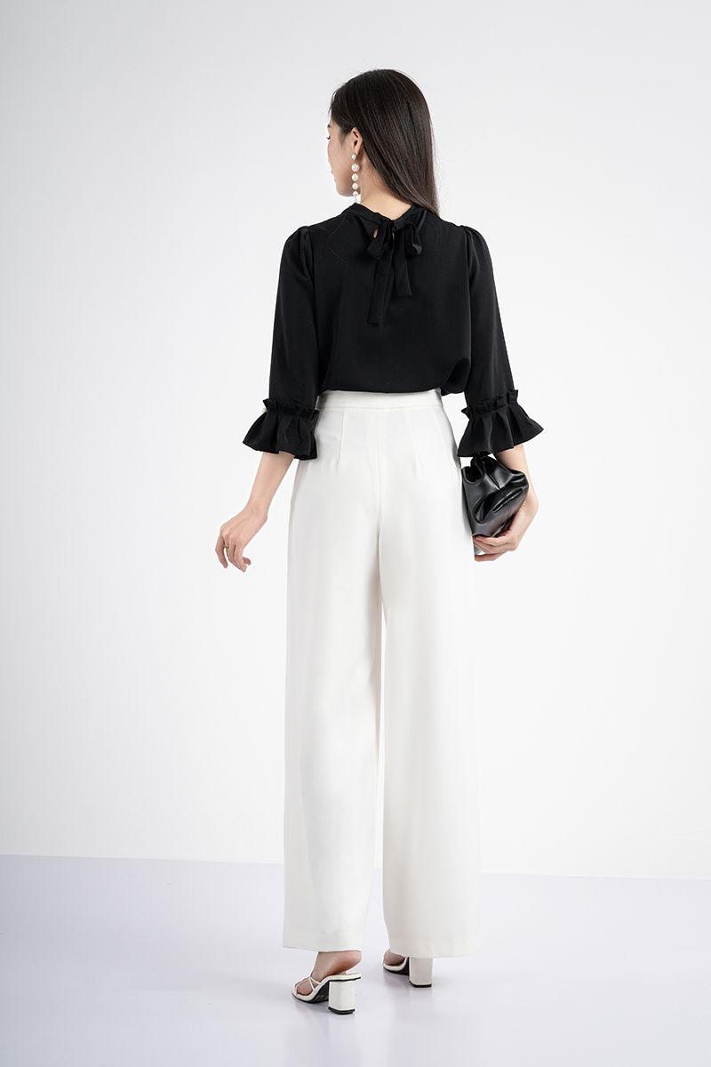 FAS73078 - Áo sơ mi chất liệu Thô, tay và cổ cuốn bèo đính ngọc trai - PANTIO