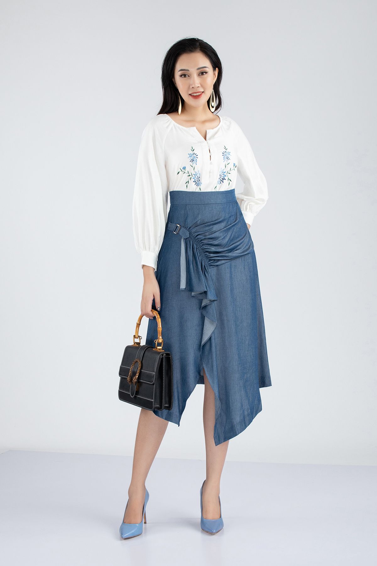 Áo sơ mi chât liệu thô mỏng khuy măng séc tay xếp ly bồng FAS73082 - PANTIO